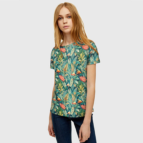 Женская футболка Тропический фламинго в цветах / 3D-принт – фото 3