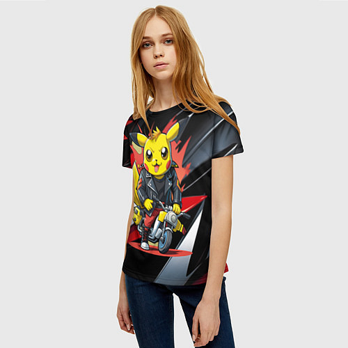 Женская футболка Пикачу байкер на мотоцикле / 3D-принт – фото 3