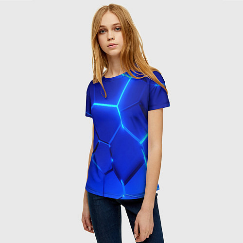Женская футболка Яркие синие неоновые плиты в разломе / 3D-принт – фото 3