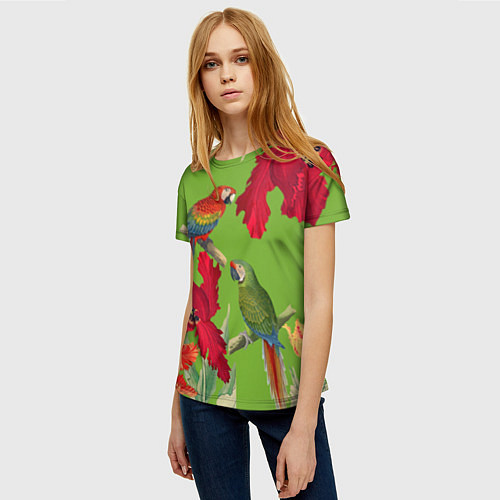 Женская футболка Попугаи среди цветов / 3D-принт – фото 3