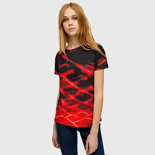 Женская футболка Красные абстрактные полосы на чёрном фоне / 3D-принт – фото 3