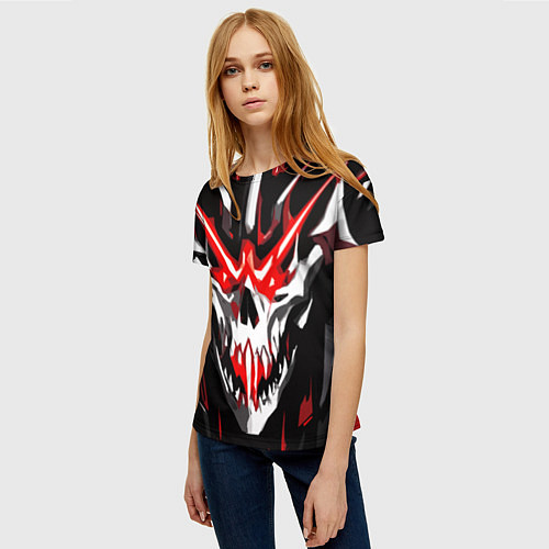 Женская футболка Абстрактный белый череп и красные полосы / 3D-принт – фото 3