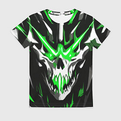 Футболка женская Абстрактный белый череп и зелёные полосы, цвет: 3D-принт
