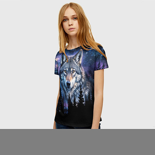 Женская футболка Волк и черный лес - звездная ночь - галактика / 3D-принт – фото 3