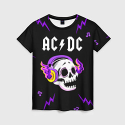 Футболка женская AC DC неоновый череп, цвет: 3D-принт
