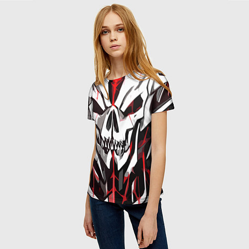 Женская футболка Белый череп и красные полосы на чёрном фоне / 3D-принт – фото 3