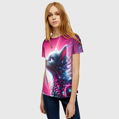 Женская футболка Космический кибер котёнок - неоновое свечение / 3D-принт – фото 3