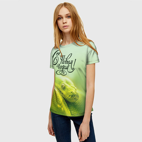 Женская футболка Символ 2025 года зеленая змея надпись: с новым год / 3D-принт – фото 3