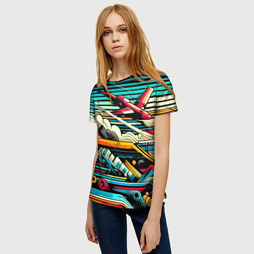 Женская футболка Абстракция с красным самолётом - нейроарт / 3D-принт – фото 3