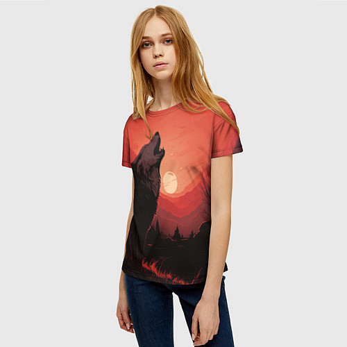 Женская футболка Волк воет на луну / 3D-принт – фото 3
