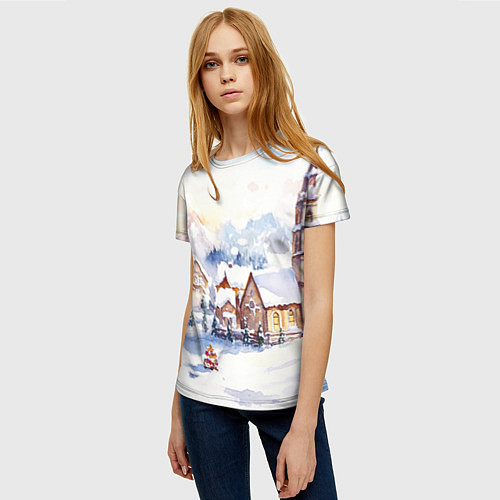 Женская футболка Новогодний снежный город / 3D-принт – фото 3