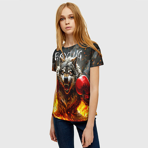 Женская футболка Волк боксер в огне / 3D-принт – фото 3