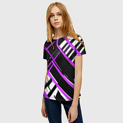 Футболка женская Фиолетово-белые линии на чёрном фоне, цвет: 3D-принт — фото 2