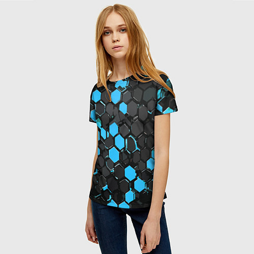 Женская футболка Сине-серые шестиугольники на чёрном фоне / 3D-принт – фото 3