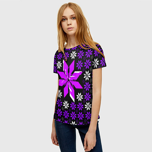 Женская футболка Фиолетово-белые звёзды на чёрном фоне / 3D-принт – фото 3