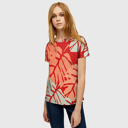 Женская футболка Отпечатки монстеры на красном / 3D-принт – фото 3