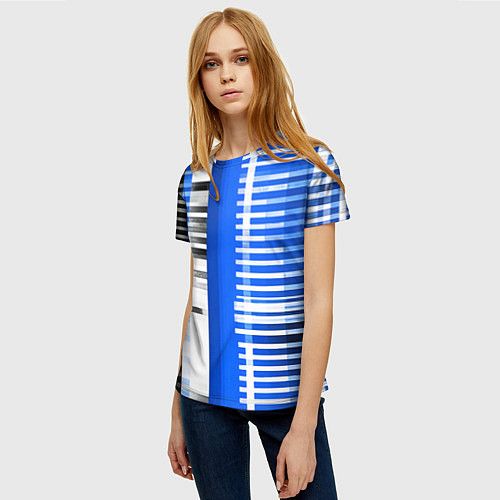 Женская футболка White stripes on a black and blue background / 3D-принт – фото 3