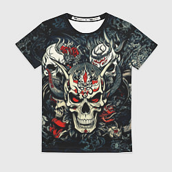 Женская футболка Маска Хання на черепе самурая на фоне духов