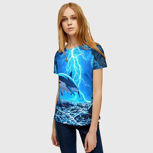 Женская футболка Акула и разряд молнии / 3D-принт – фото 3