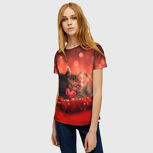Женская футболка Влюбленные котята с сердечком / 3D-принт – фото 3