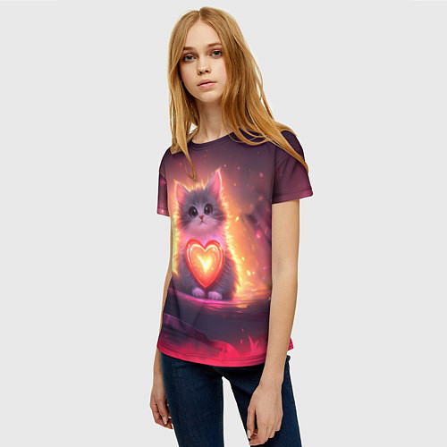 Женская футболка Пушистый котик с сердечком / 3D-принт – фото 3