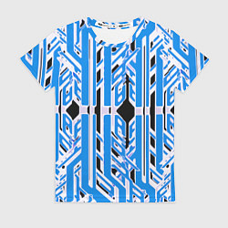 Футболка женская Бело-синие техно полосы на чёрном фоне, цвет: 3D-принт