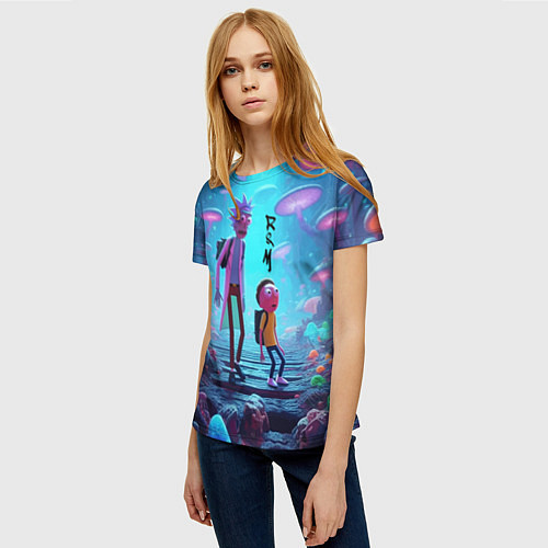 Женская футболка Рик и Морти на планете неоновых грибов - нейроарт / 3D-принт – фото 3