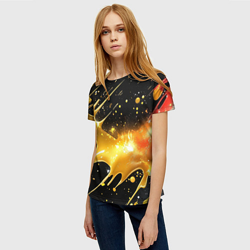 Женская футболка Оранжевая краска на черном / 3D-принт – фото 3