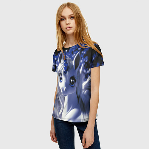 Женская футболка Единорог - синий рог / 3D-принт – фото 3
