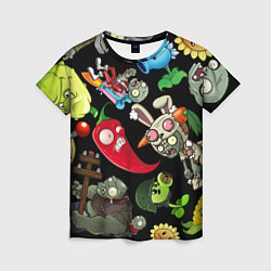 Женская футболка Растения против зомби персонажи на черном
