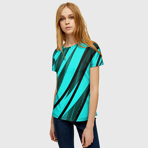 Женская футболка Неоновый голубой с чёрным абстракция с полосами / 3D-принт – фото 3