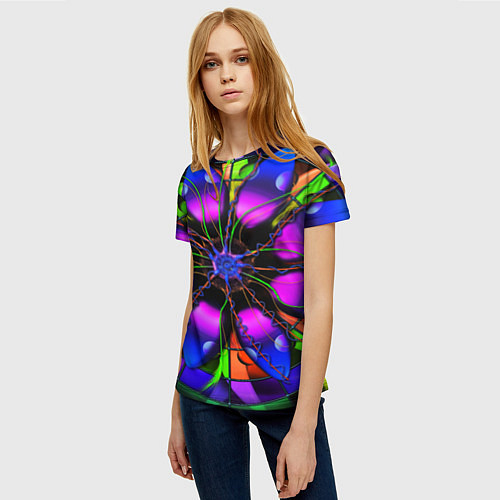 Женская футболка Неоновая психоделика лепестки / 3D-принт – фото 3