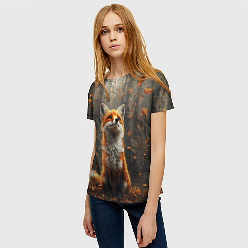 Женская футболка Довольный лис в лесной чаще / 3D-принт – фото 3