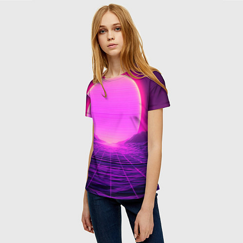 Женская футболка Синтвейв ретровейв неоновый узор и солнце / 3D-принт – фото 3