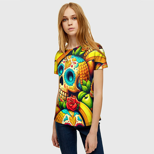 Женская футболка Colorfull skulls and bananas - pop art pattern / 3D-принт – фото 3