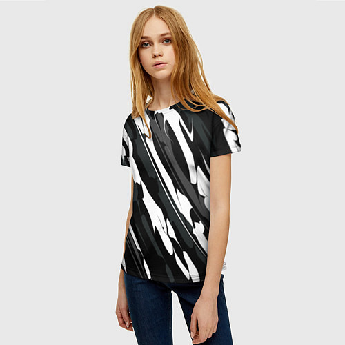Женская футболка Разводы белым на черном / 3D-принт – фото 3