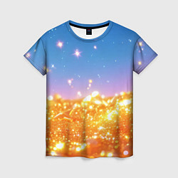 Футболка женская Золотые шарики на голубом фоне, цвет: 3D-принт