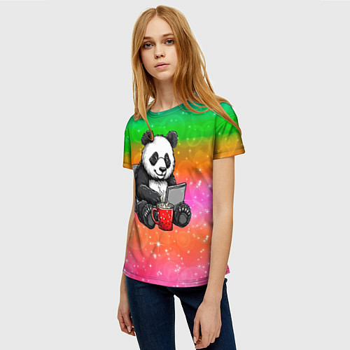 Женская футболка Панда с кофе за ноутом / 3D-принт – фото 3