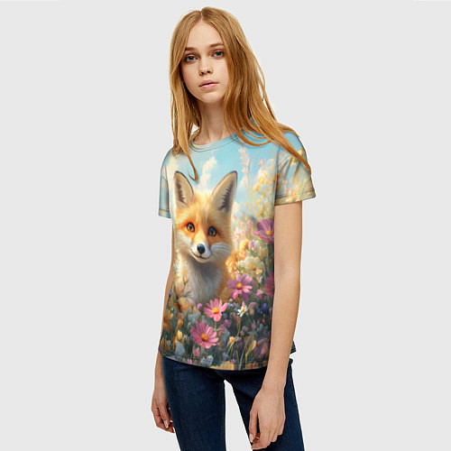 Женская футболка Лиса в цветочном поле / 3D-принт – фото 3