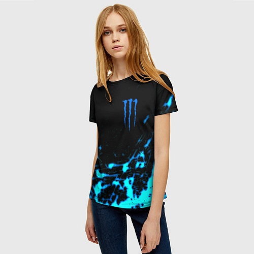 Женская футболка Monster energy голубые краски / 3D-принт – фото 3