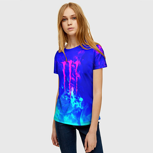 Женская футболка Monster energy дым неоновый / 3D-принт – фото 3