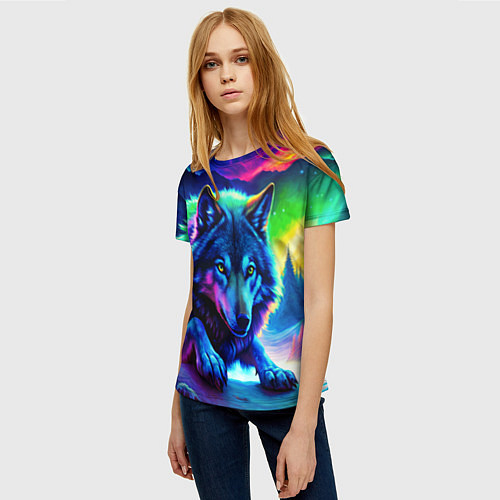 Женская футболка Большой волк одинокий охотник - неоновые цвета / 3D-принт – фото 3