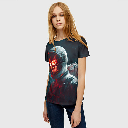 Женская футболка Череп космонавта красного цвета / 3D-принт – фото 3