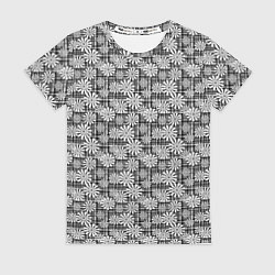 Женская футболка Белые ромашки на клетчатом черно белом фоне