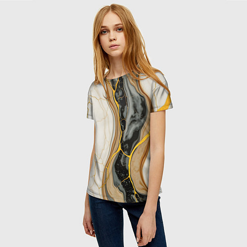 Женская футболка Золотистые прожилки в мраморе / 3D-принт – фото 3