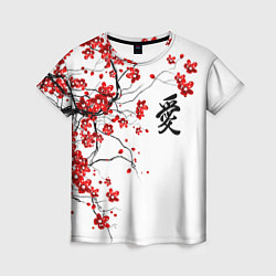 Женская футболка Сакура с иероглифом Любовь