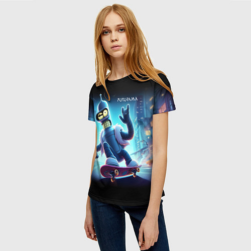 Женская футболка Bender is a skateboarder in neon street - ai art / 3D-принт – фото 3