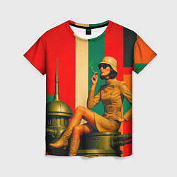 Футболка женская Милитари девушка на оружейной башне ретрофутуризм, цвет: 3D-принт