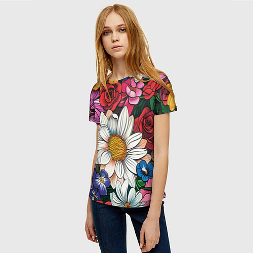 Женская футболка Крупные цветы / 3D-принт – фото 3