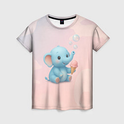 Футболка женская Маленький слоненок с мороженым пускает пузыри, цвет: 3D-принт